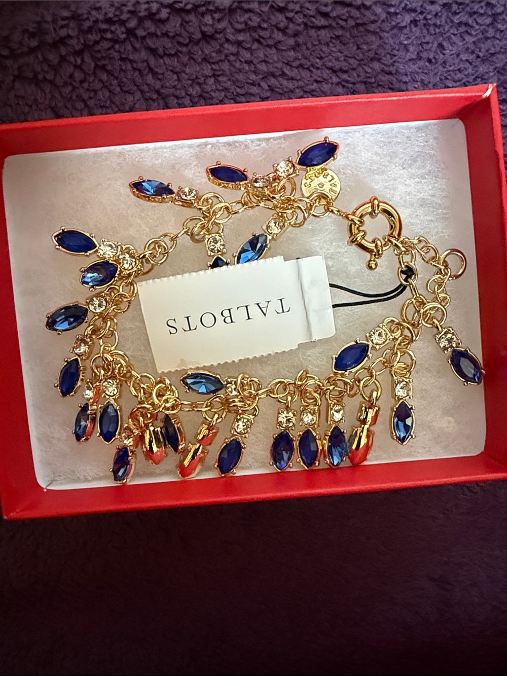 Talbots Gold-Tone Bracelet with Deep Blue Crystal Drops 8" + ext NWT
